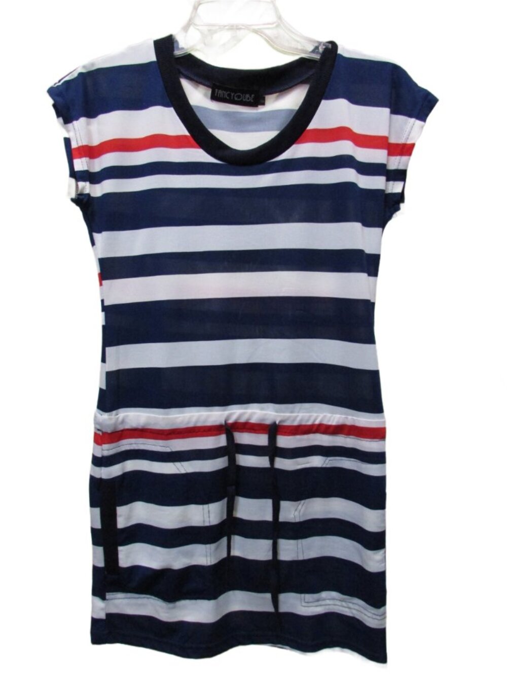 Fancy Qube Nautical Striped Drawstring Pocket T-Shirt Dress Small